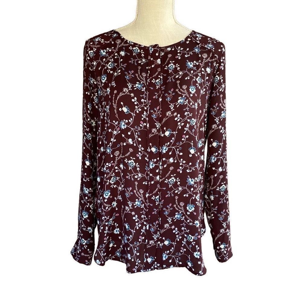 Ann Taylor Loft Maroon/Blue Floral Button Down Blouse - Size S